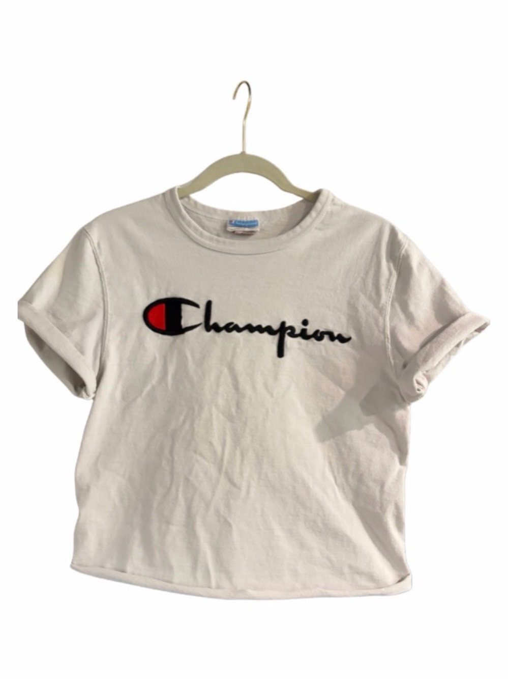 Vintage Champion White Cropped Tee with Stitched Logo